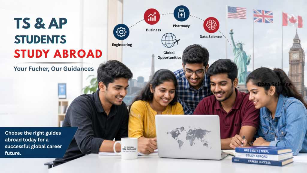 Indian students from Andhra Pradesh and Telangana planning to study abroad using laptop with global universities and career options like engineering, business, pharmacy, and data science.
