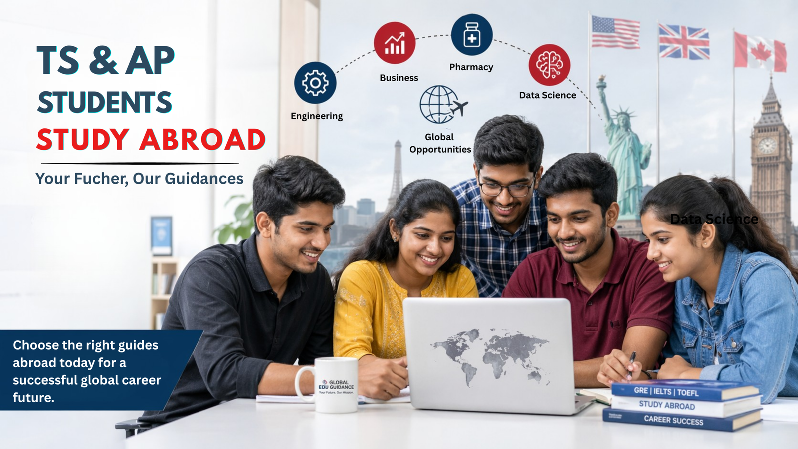 Indian students from Andhra Pradesh and Telangana planning to study abroad using laptop with global universities and career options like engineering, business, pharmacy, and data science.